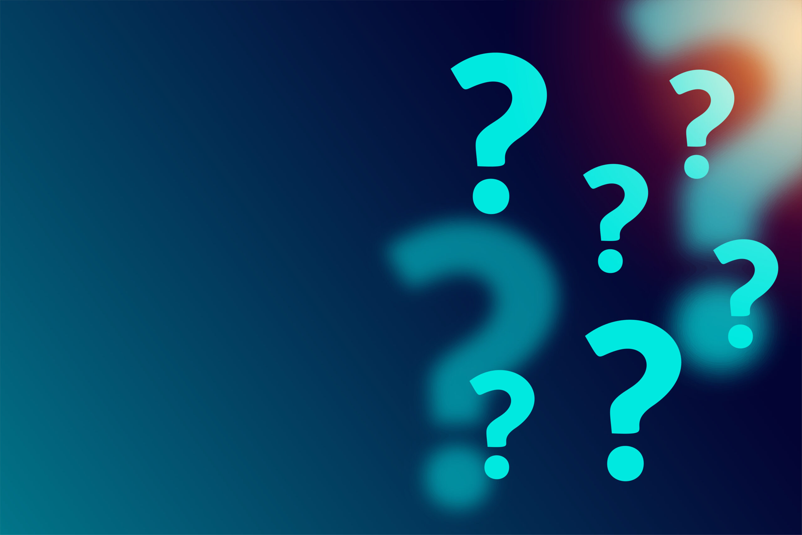 A dark, gradient background with a soft light flare in the upper right corner features several bright turquoise question marks scattered on the right side, some sharp and some blurred, conveying a sense of confusion, inquiry, or mystery.